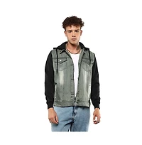 Campus Sutra Men's Light-Wash Hooded Denim Jacket With Sweatshirt-Style Sleeves