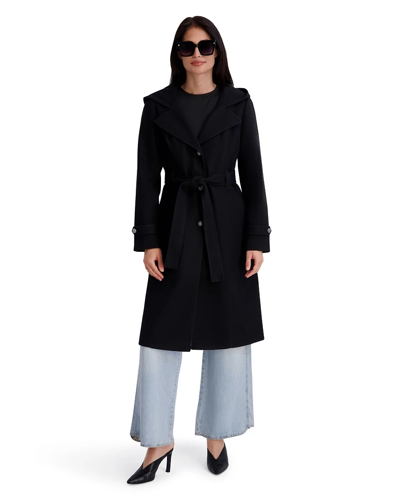 Kensie Women's Hooded Faux Wool Coat With Belt And Button Front