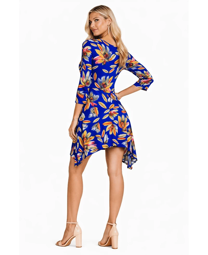 La Moda Clothing Women's Shark-Bite Asymmetrical Tropical Print Knit Resort Dress