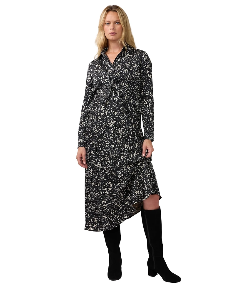 Ingrid + Isabel Maternity Tie-Front Midi Long-Sleeve Animal-Print Shirt Dress