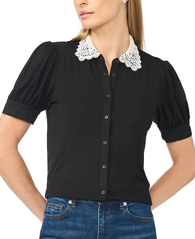 CeCe Women's Scallop-Trim Collared Short-Sleeve Button-Front Top