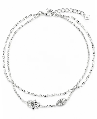 And Now This Double Row Cubic Zirconia Hamsa Hand and Evil Eye Anklet in Silver Plate