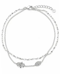 And Now This Double Row Cubic Zirconia Hamsa Hand and Evil Eye Anklet in Silver Plate