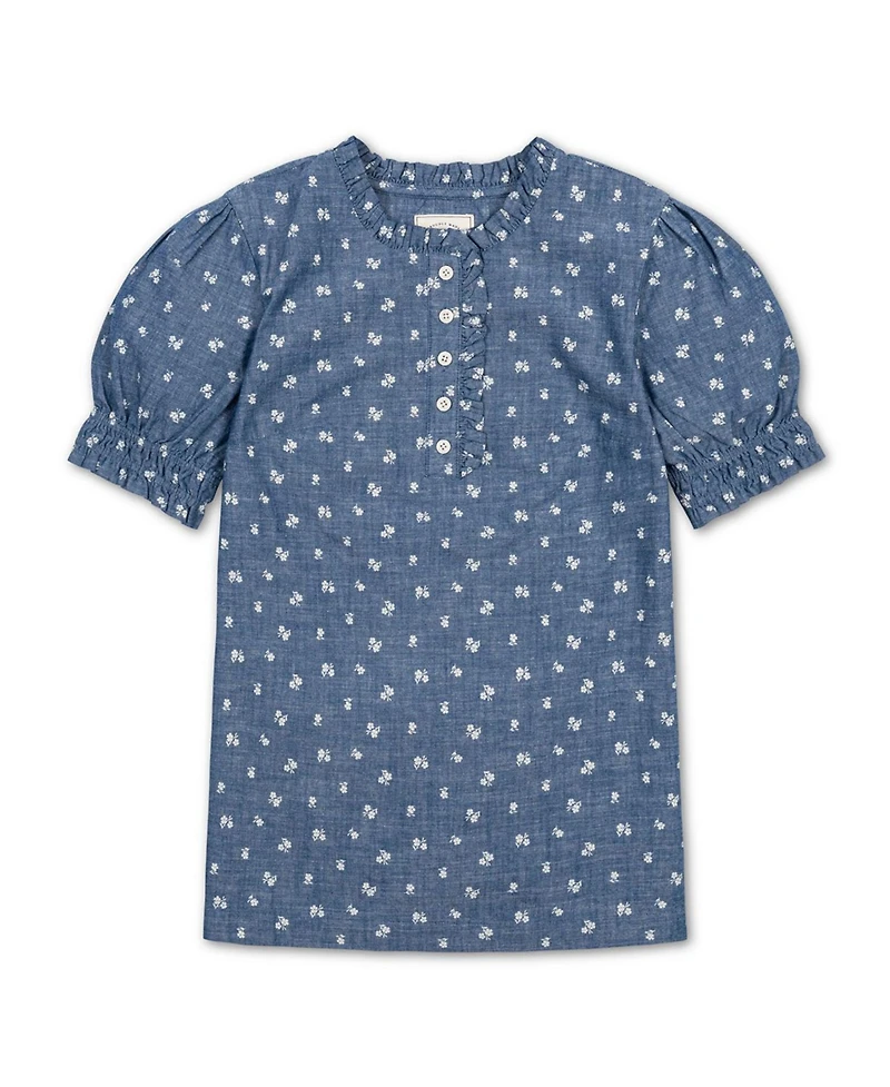 Hope & Henry Women's Chambray Puff-Sleeve Floral-Print Blouse