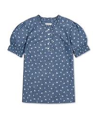 Hope & Henry Women's Chambray Puff-Sleeve Floral-Print Blouse