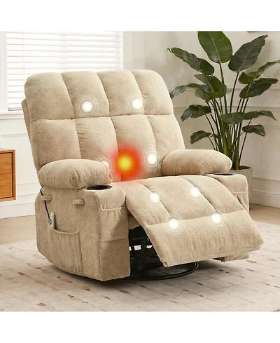 Oversized Swivel Rocker Recliner With Heat and Massage, 8 Vibration Massage Nodes, Lumbar Therapy, Soft Fabric, Cup Holders, For Living Room