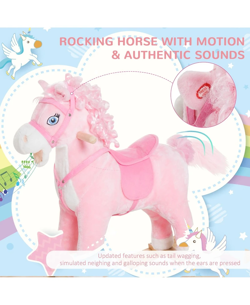Glintex Kids Ride On Rocking Horse with Realistic Sounds and Swinging Tail, Plush Pony Rocker with Saddle and Footrest for Ages 3 and Up, Pink