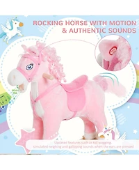 Glintex Kids Ride On Rocking Horse with Realistic Sounds and Swinging Tail, Plush Pony Rocker with Saddle and Footrest for Ages 3 and Up, Pink