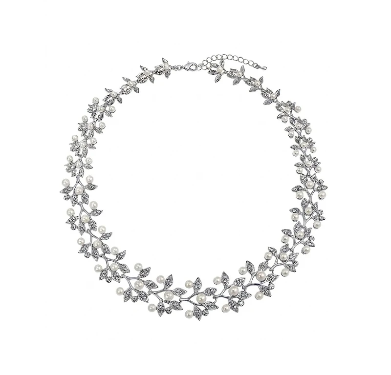 Bling Jewelry Fashion Faux White Pearl Pave Cz Leaf Motif Bib Statement Necklace