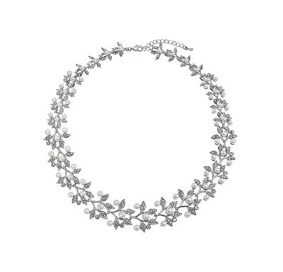 Bling Jewelry Fashion Faux White Pearl Pave Cz Leaf Motif Bib Statement Necklace