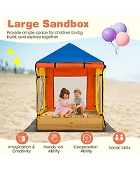 Glintex Kids Sandbox, 43.5 x 43.5 in Wooden Sand Pit with Full Canopy, 4 Mesh Windows, Storage Benches, 2 Bins and Bottom Liner