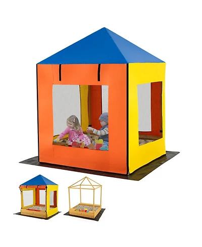 Glintex Kids Sandbox, 43.5 x 43.5 in Wooden Sand Pit with Full Canopy, 4 Mesh Windows, Storage Benches, 2 Bins and Bottom Liner