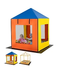 Glintex Kids Sandbox, 43.5 x 43.5 in Wooden Sand Pit with Full Canopy, 4 Mesh Windows, Storage Benches, 2 Bins and Bottom Liner