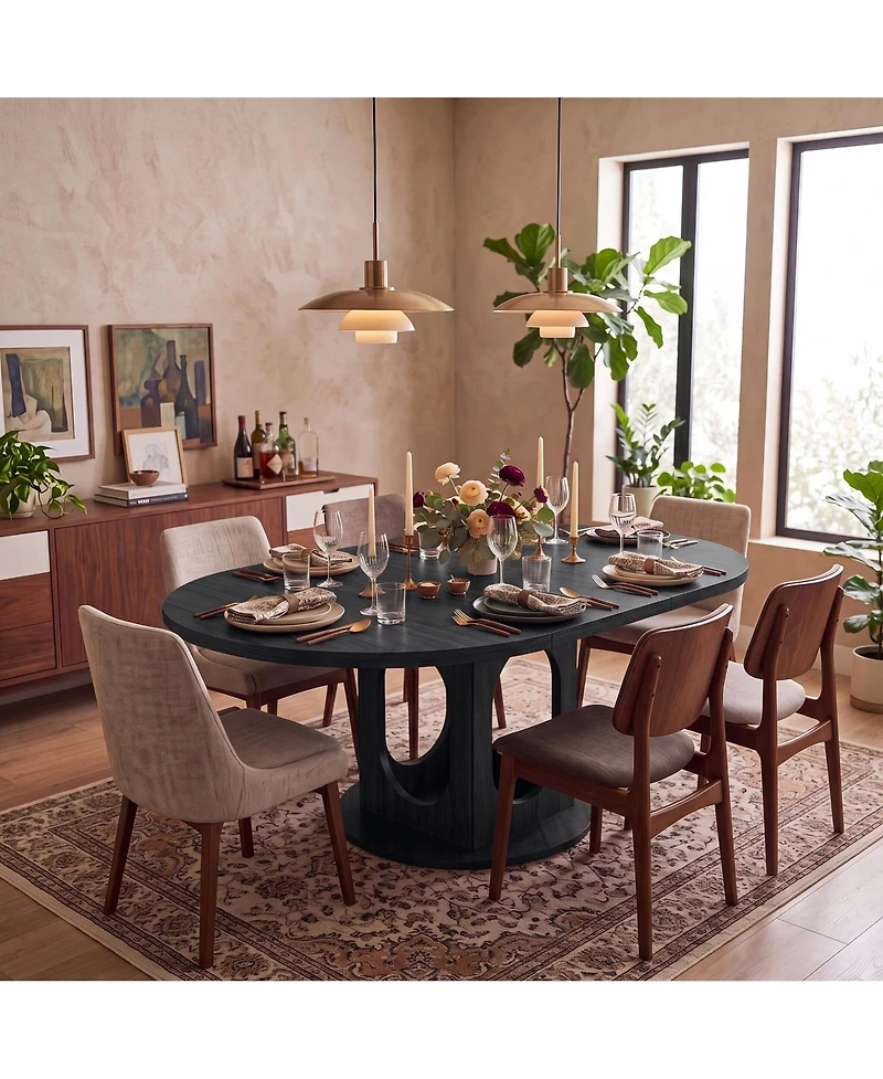 Extendable Dining Table for 4-8, Space Saving Wooden Round to Oval Kitchen with Modern Pedestal Base Apartment Room