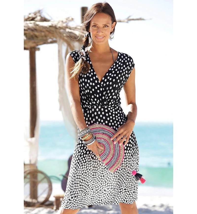 Lascana Women's Viscose Polka-Dot Print A-Line V-Neck Short Dress