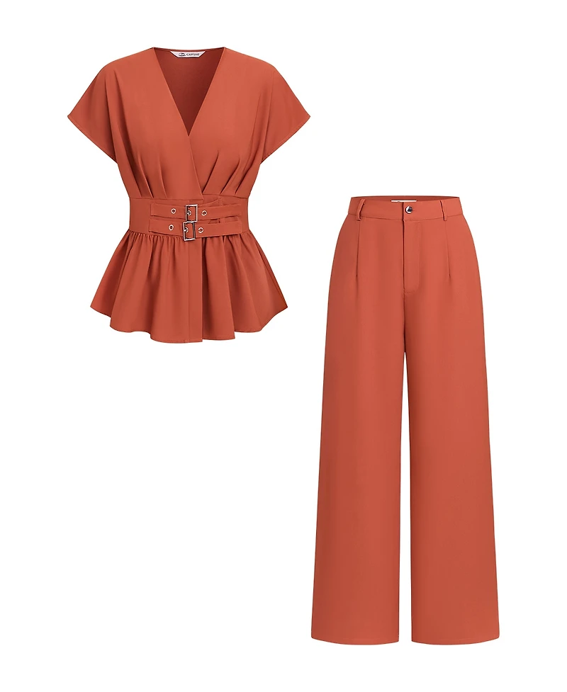 Cupshe Women's Elegant V-Neck Belted Peplum Top and Wide Leg Pants Two-Piece Set