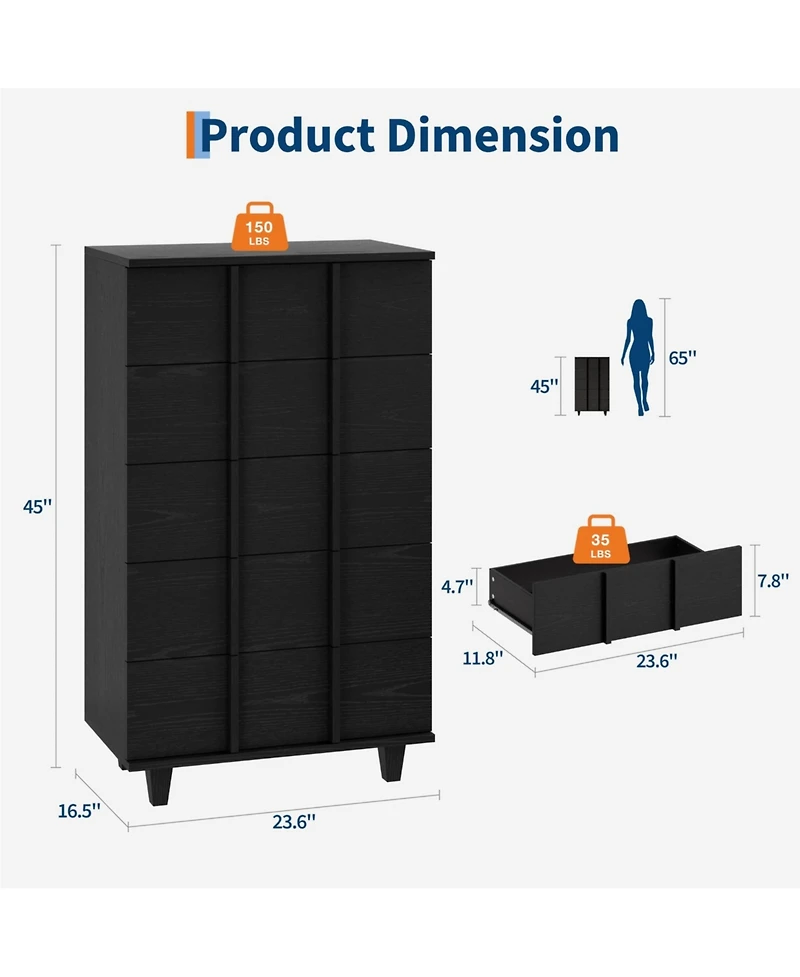 Modern 5 Drawer Tall Dresser Chest, Sleek Fluted Front Panels, Space Saving Clothing Storage Cabinet Designed For Compact Bedroom