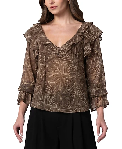 Liverpool Los Angeles Women's Long-Sleeve Double-Ruffle V-Neck Blouse