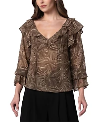 Liverpool Los Angeles Women's Long-Sleeve Double-Ruffle V-Neck Blouse