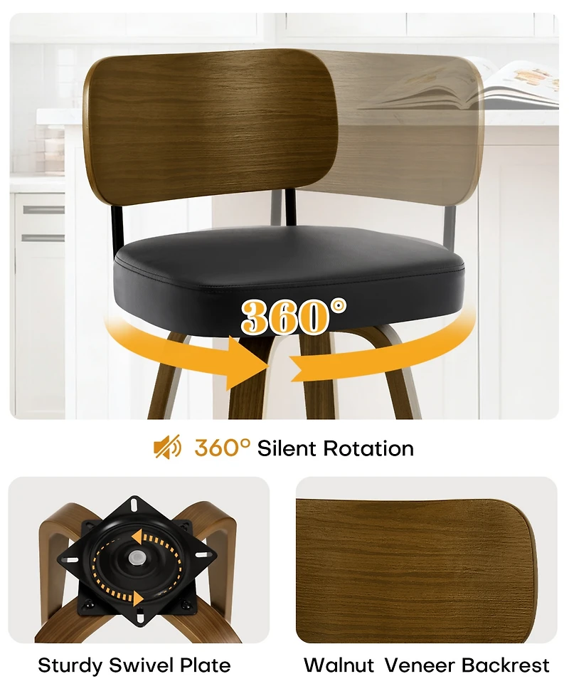 Bekrvio 26" Swivel Bar Stool, Faux Leather with Bentwood Frame and Footrest, Counter Height for Kitchen Island