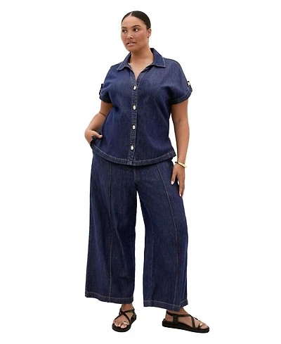 City Chic Plus Tilly High-Rise Wide-Leg Elastic-Back Cotton Denim Pants
