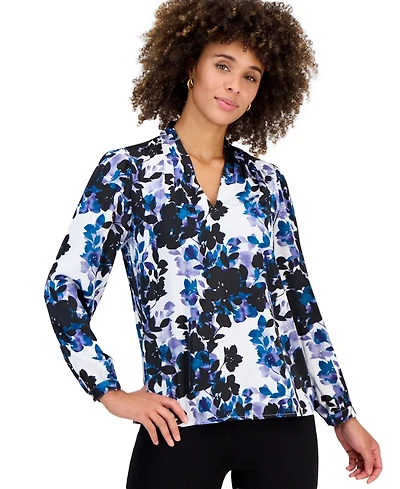 Kasper Petite Long-Sleeve V-Neck Pleated Shoulder Top
