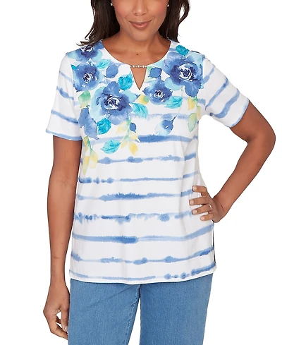 Alfred Dunner Petite Striped Floral Split Neck Top