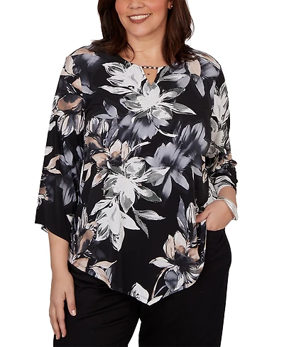 Alfred Dunner Plus Watercolor Floral Puff Printed Top