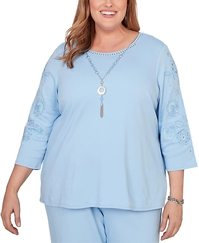 Alfred Dunner Plus Embroidered Floral Sleeve Accent Top with Necklace
