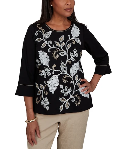 Alfred Dunner Women's Travel Advisory Scroll Leaf Embroidered Top