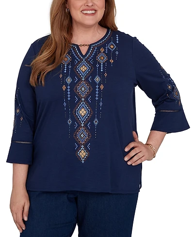 Alfred Dunner Plus Keyhole Neck 3/4-Length Bell-Sleeve Top
