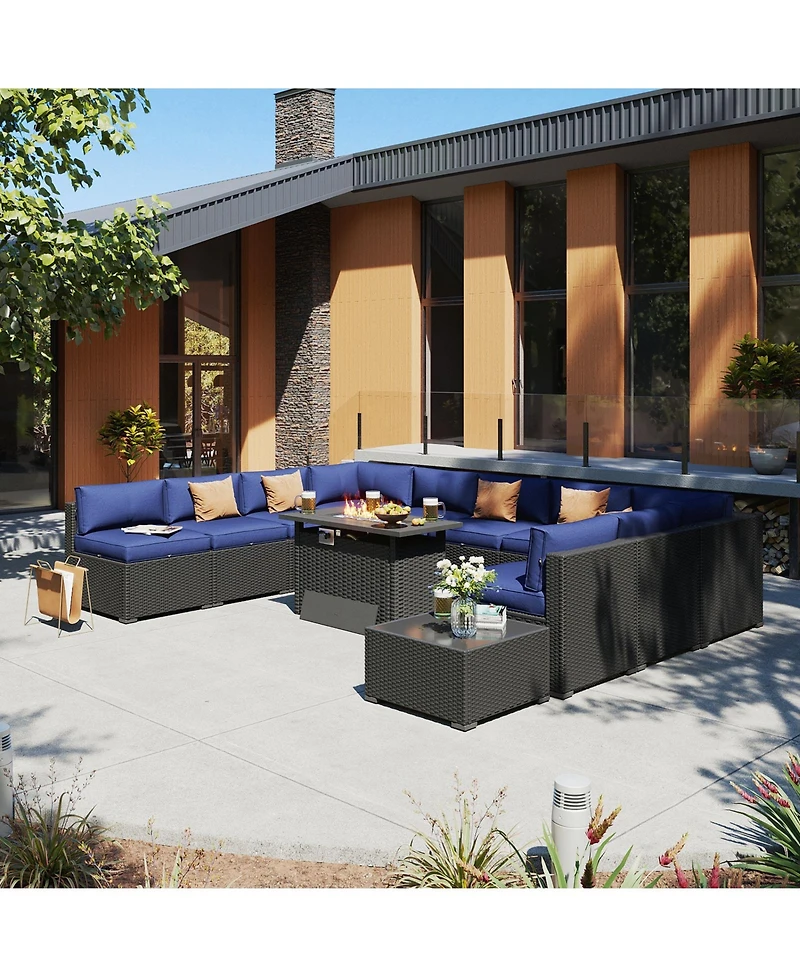 Aoxun 12-Piece Outdoor Wicker Patio Conversation Set with 44 Inches Propane Fire Pit Table