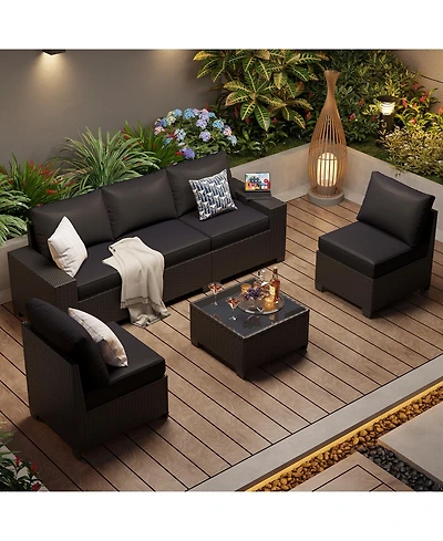 Aoxun 6-Piece Wicker Outdoor Sectional Sofa Set with Cushions and Glass-Top Coffee Table