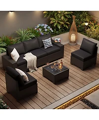 Aoxun 6-Piece Wicker Outdoor Sectional Sofa Set with Cushions and Glass-Top Coffee Table