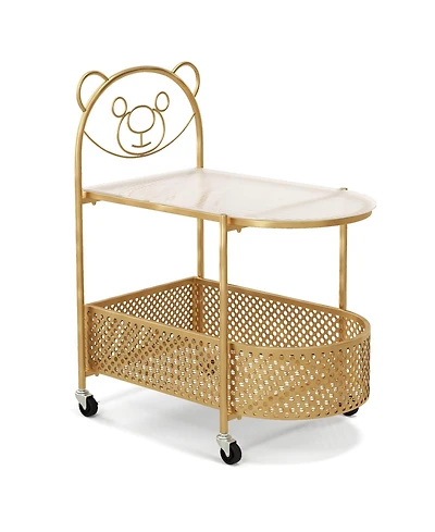 Mecale 2 Tier Mobile Glass Coffee Table with Bear Pattern Golden