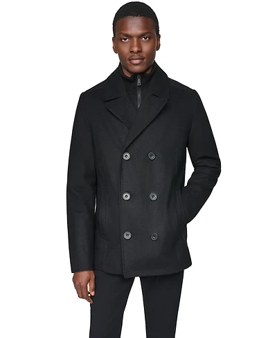 Kenneth Cole Men's Double Breasted Wool Blend Peacoat with Bib
