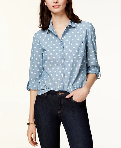 Tommy Hilfiger Women's Cotton Printed Roll-Tab Utility Shirt