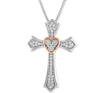 Diamond Cross Pendant Necklace (1/10 ct. t.w.) in Sterling Silver & 14k Rose Gold