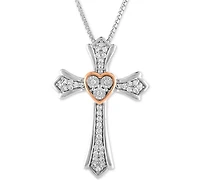 Diamond Cross Pendant Necklace (1/10 ct. t.w.) in Sterling Silver & 14k Rose Gold
