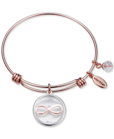 Unwritten Infinity Glass Shaker Charm Adjustable Bangle Bracelet in Rose Gold-Tone Stainless Steel with Silver Plated Charms