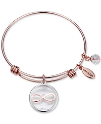 Unwritten Infinity Glass Shaker Charm Adjustable Bangle Bracelet in Rose Gold-Tone Stainless Steel with Silver Plated Charms