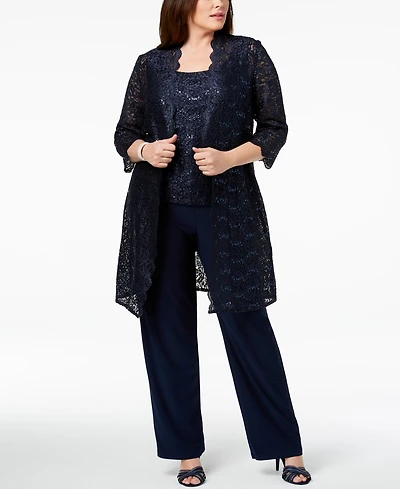 R & M Richards 3-Pc. Plus Sequined Lace Pantsuit Shell