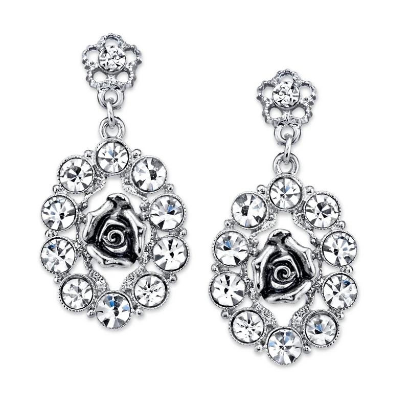 2028 Silver-Tone Crystal Oval Flower Drop Earrings