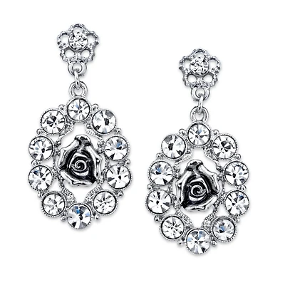 2028 Silver-Tone Crystal Oval Flower Drop Earrings