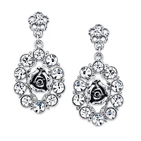 2028 Silver-Tone Crystal Oval Flower Drop Earrings