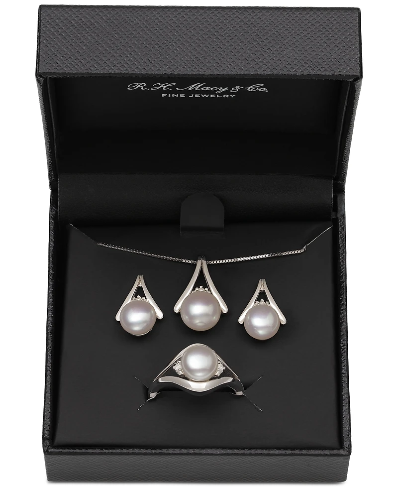 3-Pc. Set Cultured Freshwater Pearl (7 & 8mm) Pendant Necklace, Stud Earrings & Ring in Sterling Silver
