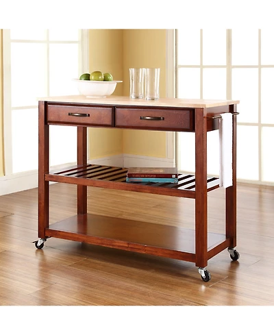 Natural Wood Top Kitchen Cart Island With Optional Stool Storage
