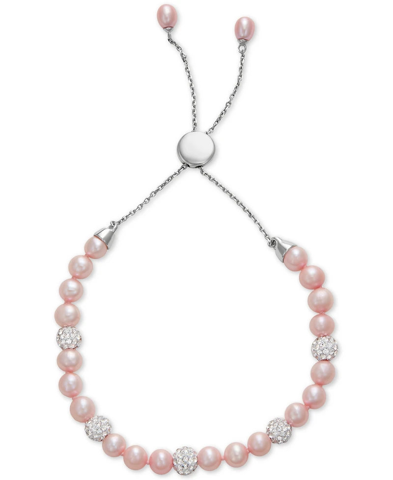 White Cultured Freshwater Pearl (6mm) & Crystals Bolo Bracelet Sterling Silver