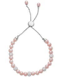 White Cultured Freshwater Pearl (6mm) & Crystals Bolo Bracelet Sterling Silver