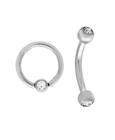 Bodifine Stainless Steel Set of 2 Crystal Eyebrow Bar and Ring